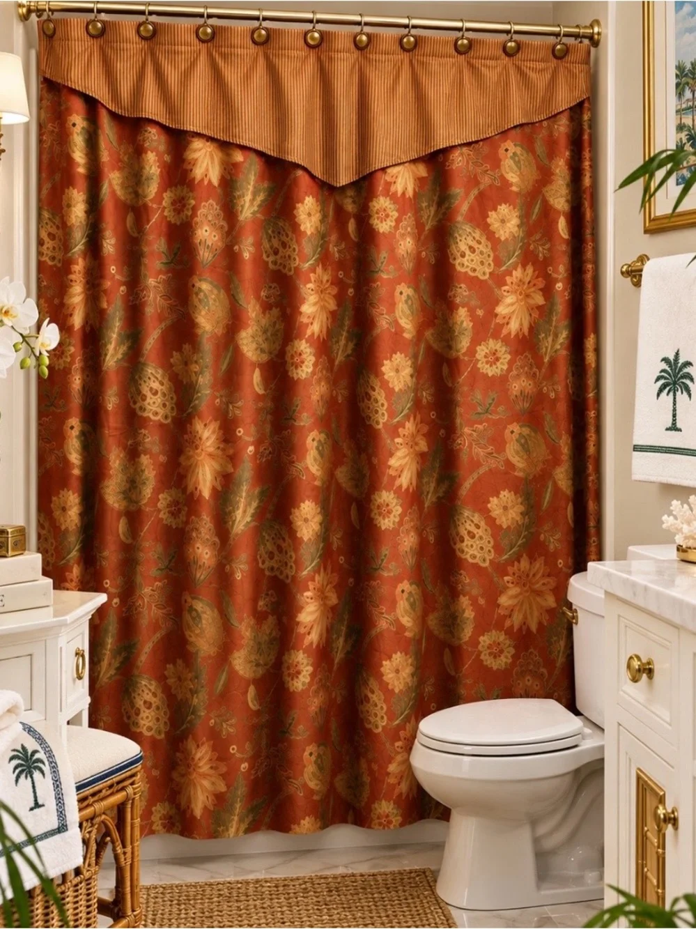 Vintage Tweel Floral Paisley Shower Curtain w/ Valance